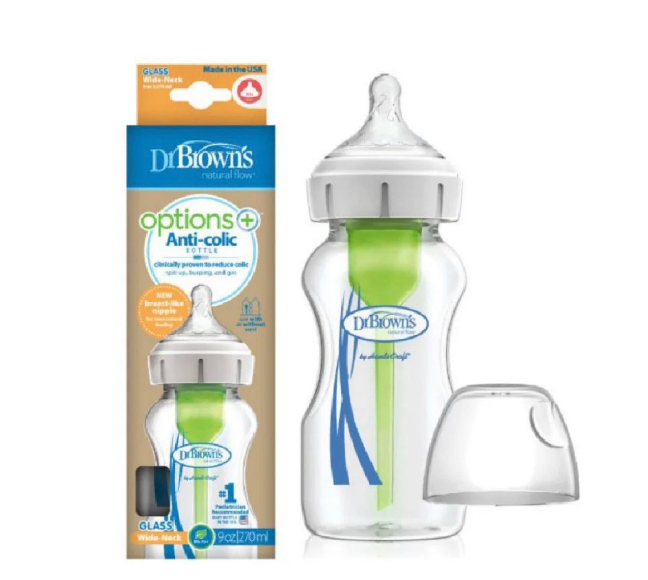 Dr Brown’s- Options + Anticolic glass bottle wide neck 0m+ ( Biberon Qelq )